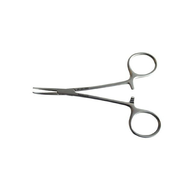 Hemostat Halstead-Mosquito, hajlított, fogazott